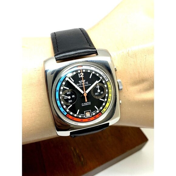 Royce Men's Watch Vintage 1970s Swiss Manual Wind Chronograph Rainbow Bl… - Picture 12 of 15